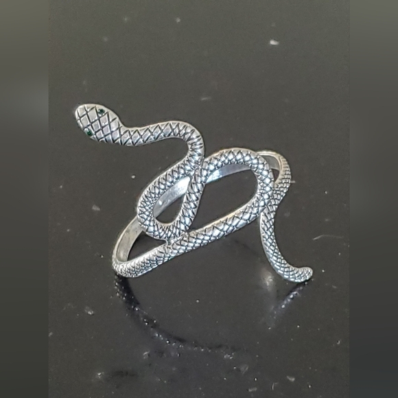 Intricate Silver Tone Snake Arm Bracelet With Green Gemstone Eyes Medusa - Picture 1 of 4